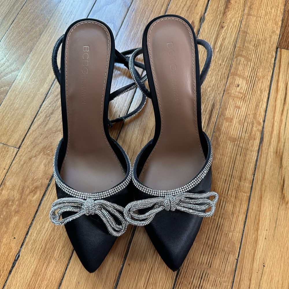 BCBG Black and Silver Slingback Heels with Bow Detail